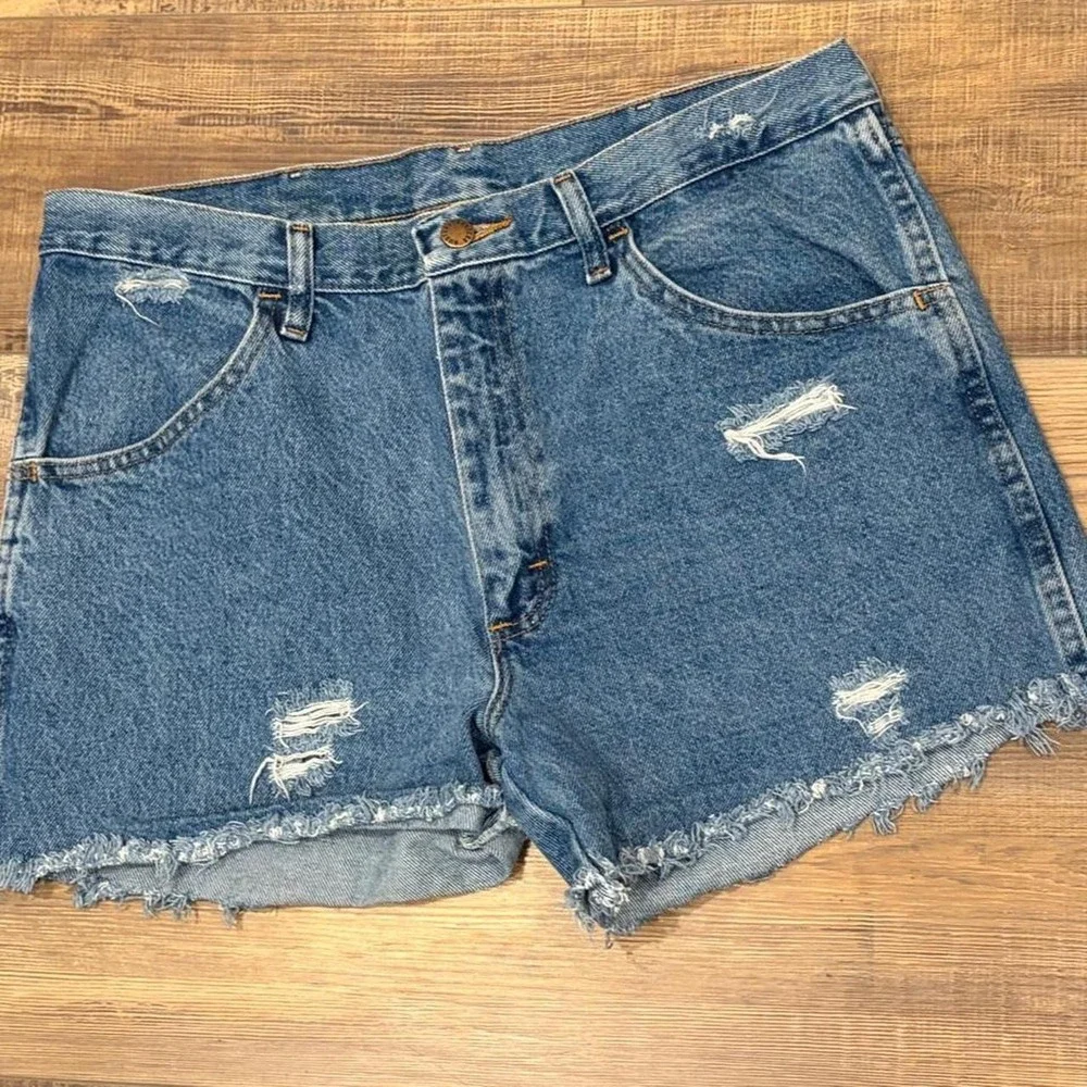 Y2K 2000s Blue Denim Shorts rustlers cut off shorts worn in look Size 34 Cotton